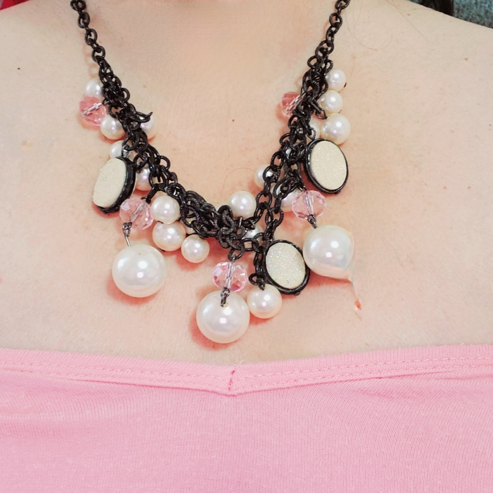Vintage Black Cable Chain Necklace w/Pink & Black Beads, Cabochons  and Pearls.